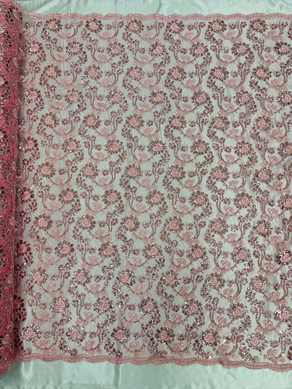 Corded Sequins Flower Lace - Pink - Corded Floral Lace With Sequins Sold By Yard