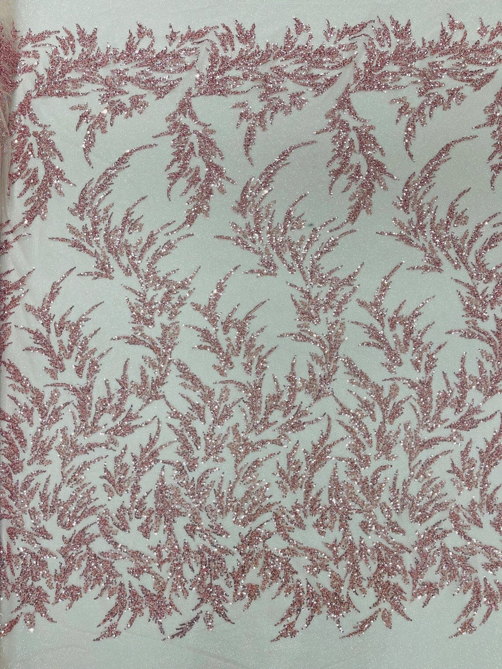 Leaf Plant Glitter Design Fabric - Pink - Beaded Embroidered Leaves Design on Mesh By Yard