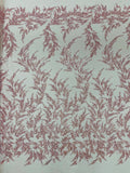 Leaf Plant Glitter Design Fabric - Pink - Beaded Embroidered Leaves Design on Mesh By Yard