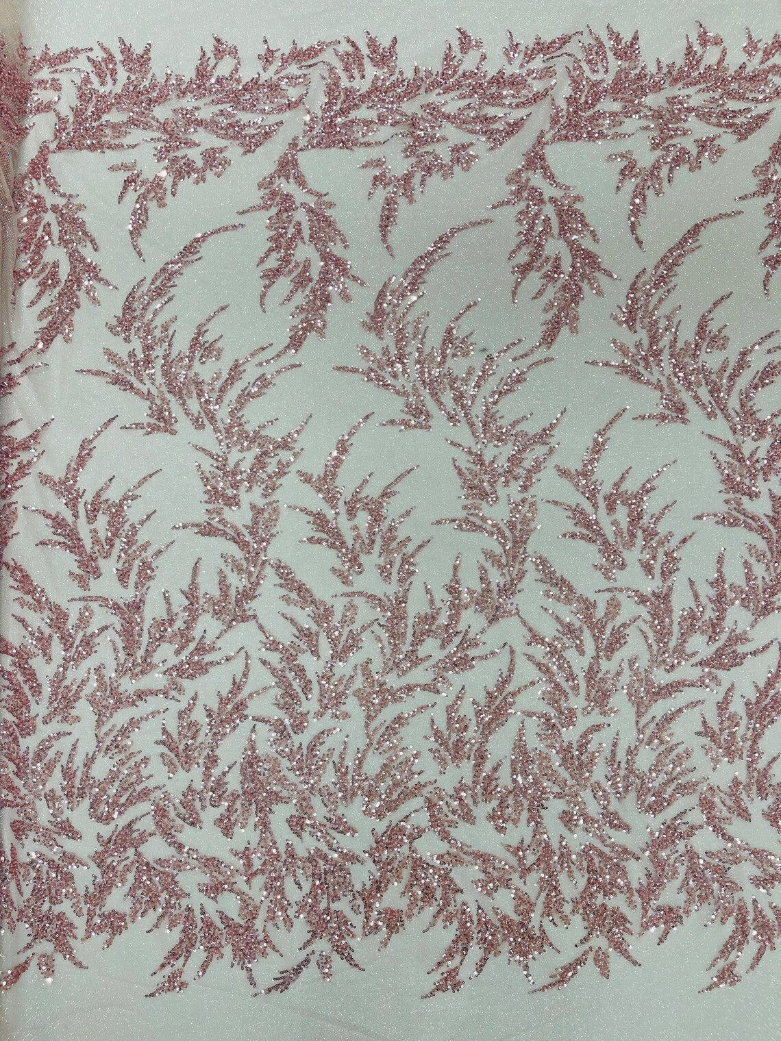Leaf Plant Glitter Design Fabric - Pink - Beaded Embroidered Leaves Design on Mesh By Yard