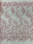 Leaf Plant Glitter Design Fabric - Pink - Beaded Embroidered Leaves Design on Mesh By Yard