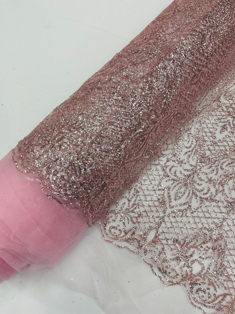 Mermaid Glitter Design - Pink - Tulle Mesh with Mermaid Tail Glitter Design Sold By Yard