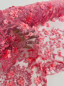 3D Flower Glitter Fabric - Pink - Floral Glitter Sequin Design on Lace Mesh Fabric by Yard