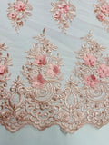 3D Fancy Floral Design Fabric - Pink - 3D Flower Fabric with Small Beads on Lace Sold By Yard