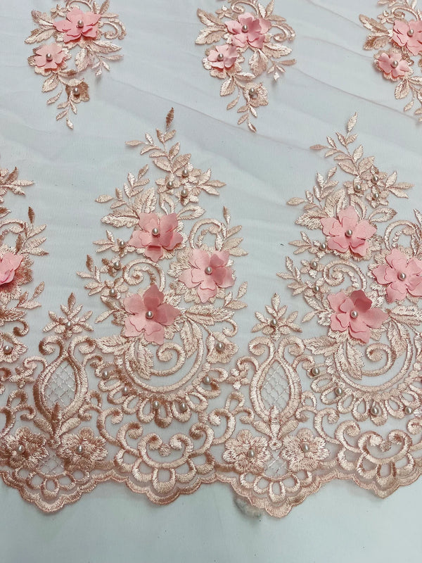 3D Fancy Floral Design Fabric - Pink - 3D Flower Fabric with Small Beads on Lace Sold By Yard