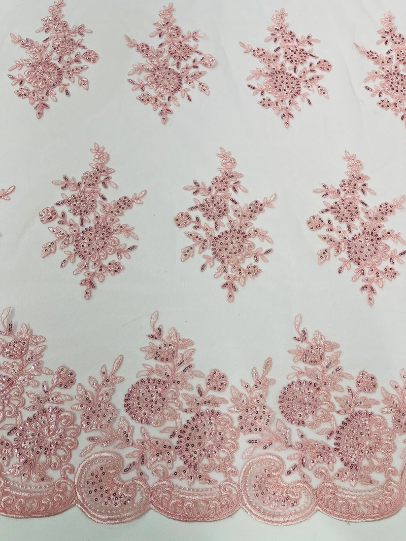 Floral Lace Flower Fabric - Pink - Floral Embroidered Fabric with Sequins on Lace By Yard