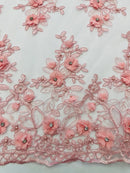 3D Embroidered Floral Fabric - Pink - 3D Rhinestone and Sequins Floral Fabric Sold By Yard