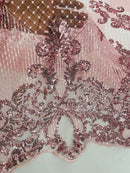 King Damask Design Fabric - Pink - Embroidered Corded Mesh Lace Fabric with Sequins By Yard