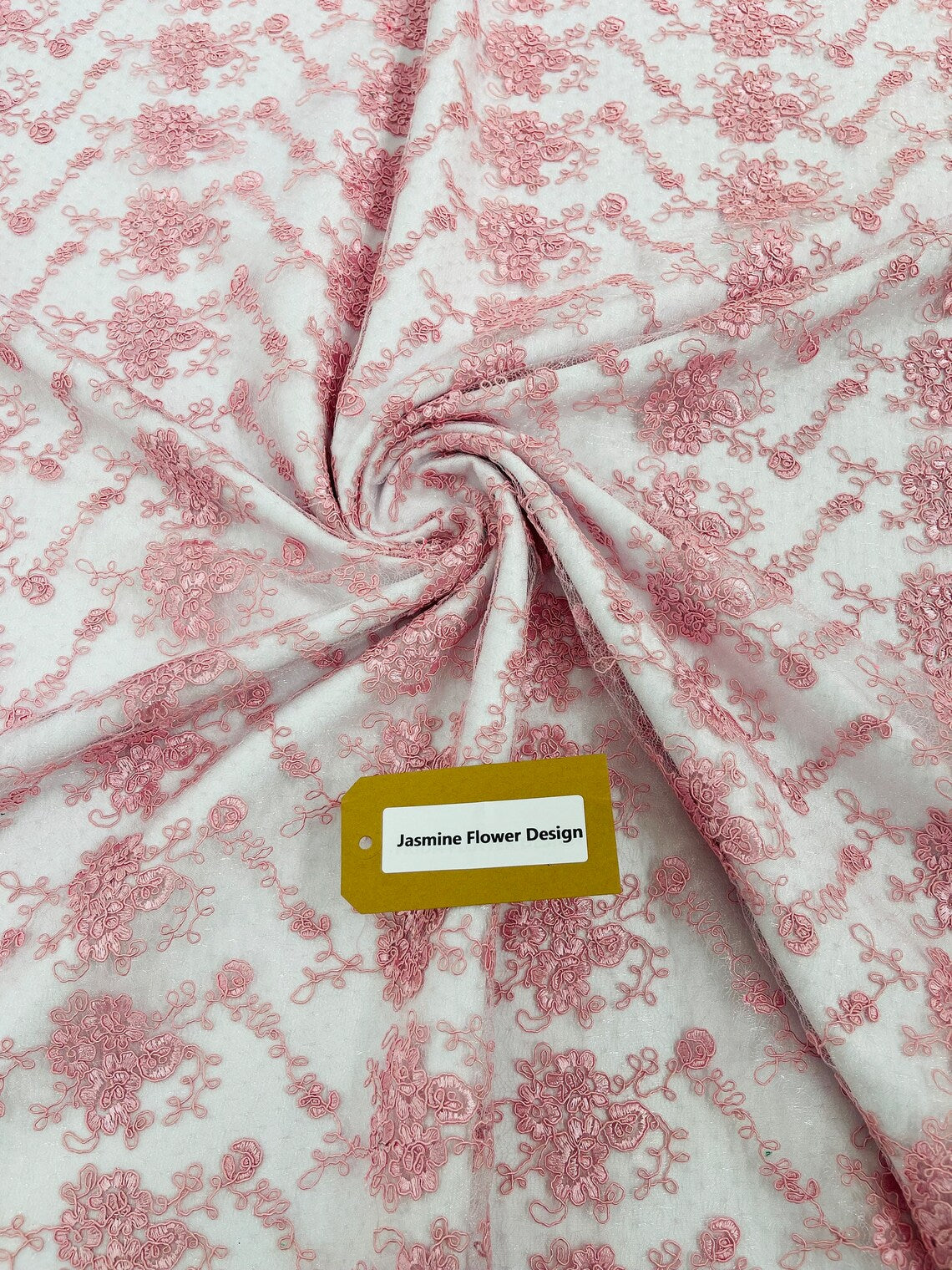 Embroidered Flower Fabric - Pink - Floral Design Scalloped Border Fabric By Yard