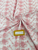 Embroidered Flower Fabric - Pink - Floral Design Scalloped Border Fabric By Yard