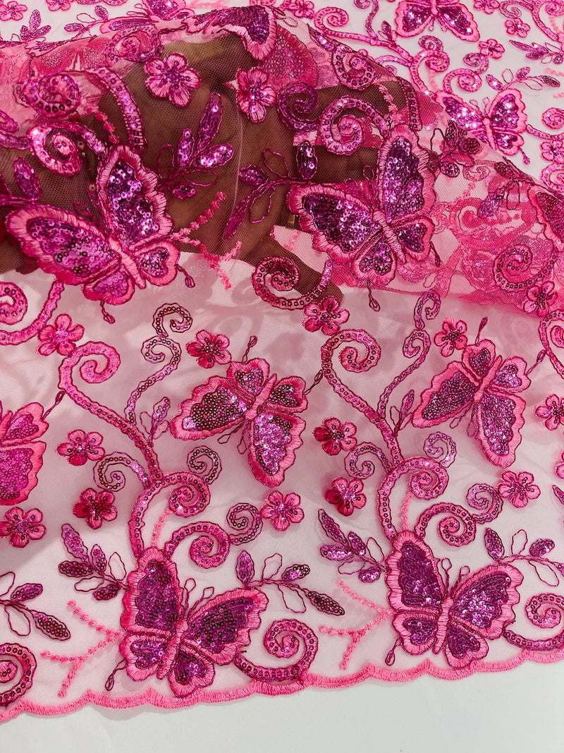 Butterfly Swirl Lace Fabric - Pink - Metallic Sequins Design on Lace Fabric By Yard