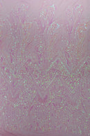 Zig Zag Design Sequins - Pink - 4 Way Stretch Embroidered Zig Zag Sequins Lace Fabric By The Yard