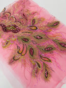 Peacock Feathers Lace Fabric - Pink - Peacock Feather Design on Lace Mesh Fabric Sold by Panel
