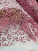 Beaded Swirl Design Fabric - Pink - Swirl Design with Beads and Sequins on Lace by Yard