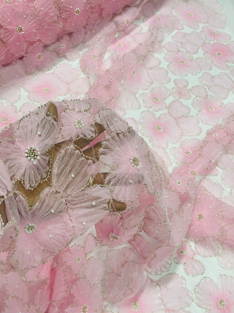 3D Tulle Floral Fabric - Pink - Flowers Made on Mesh with Small Pearls and Beads Sold By Yard