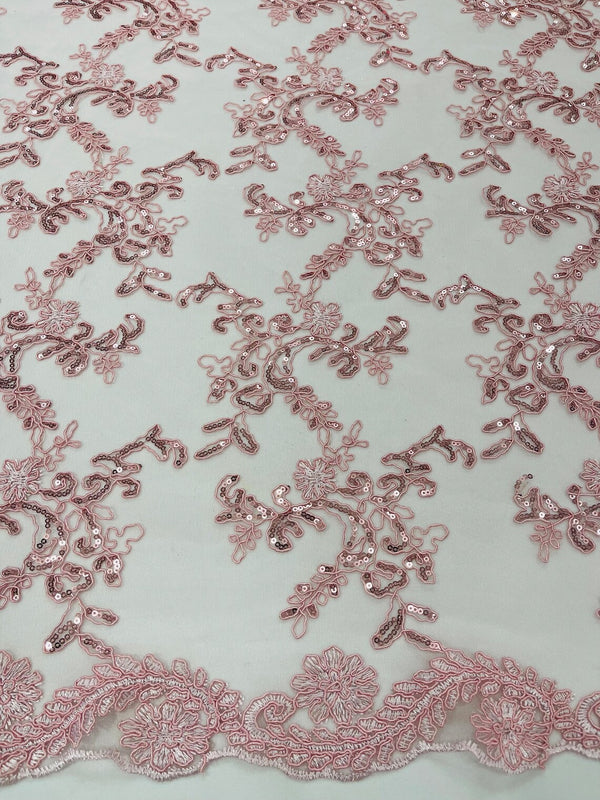 Floral Sequins Lace Fabric - Pink - Embroidery Flower Clusters Design with Shiny Sequins  Fabric Sold By Yard