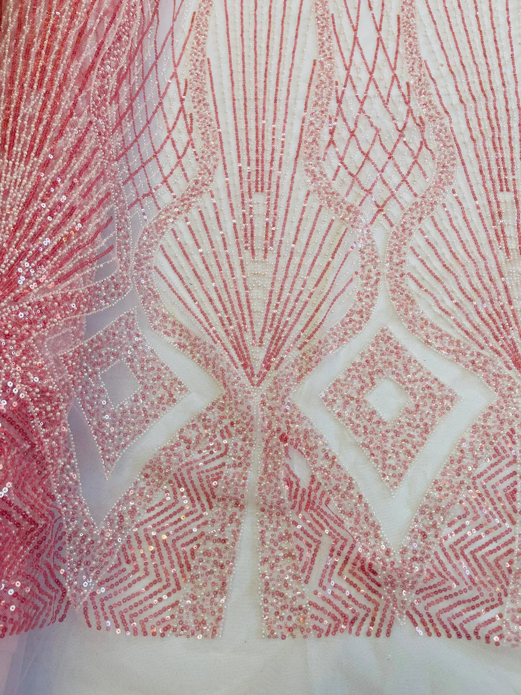 Beaded Diamond Design Fabric - Pink - Beaded Embroidered Diamond Zig Zag Design on Mesh By Yard