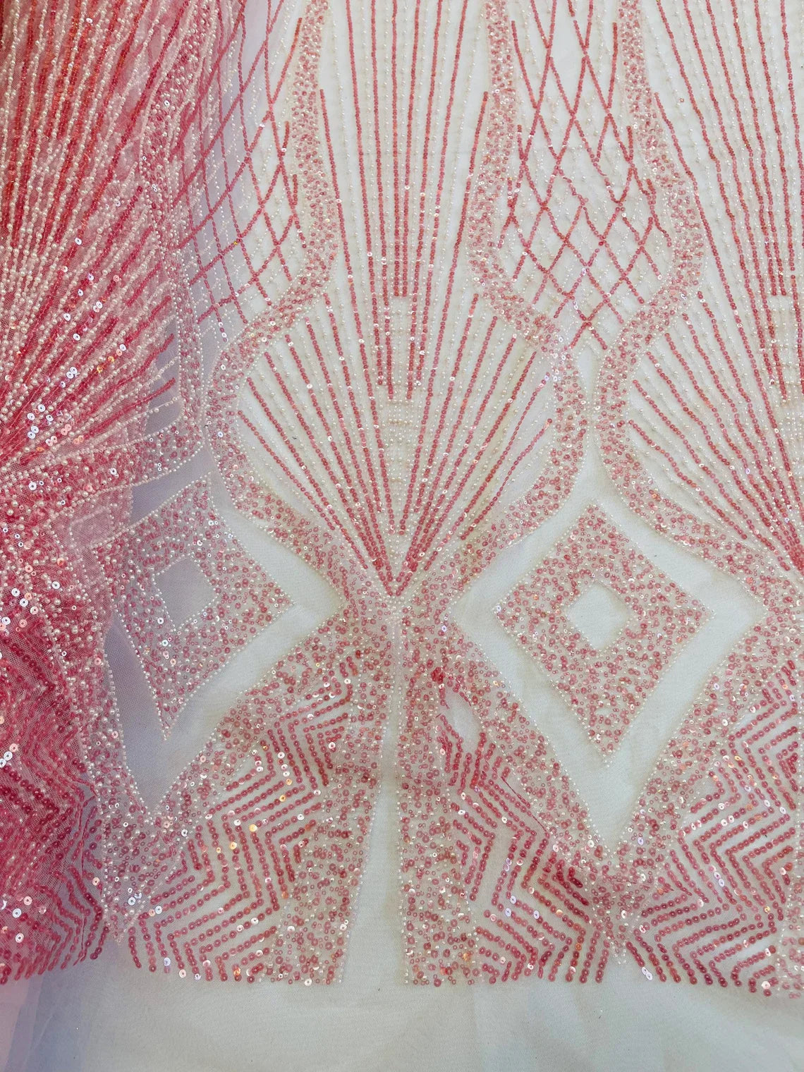 Beaded Diamond Design Fabric - Pink - Beaded Embroidered Diamond Zig Zag Design on Mesh By Yard