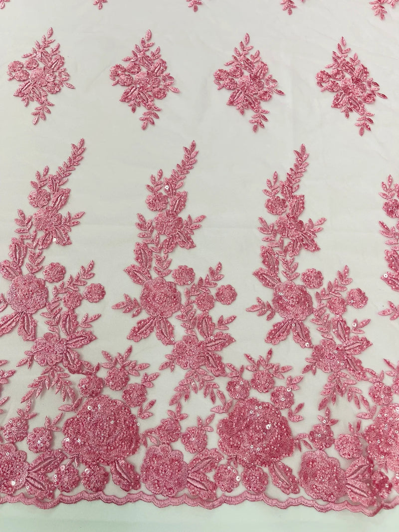 Beaded Rose Flower Fabric - Pink - Embroidered Beaded Long Border Floral Fabric By Yard