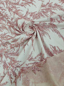 Leaf Plant Glitter Design Fabric - Pink - Beaded Embroidered Leaves Design on Mesh By Yard
