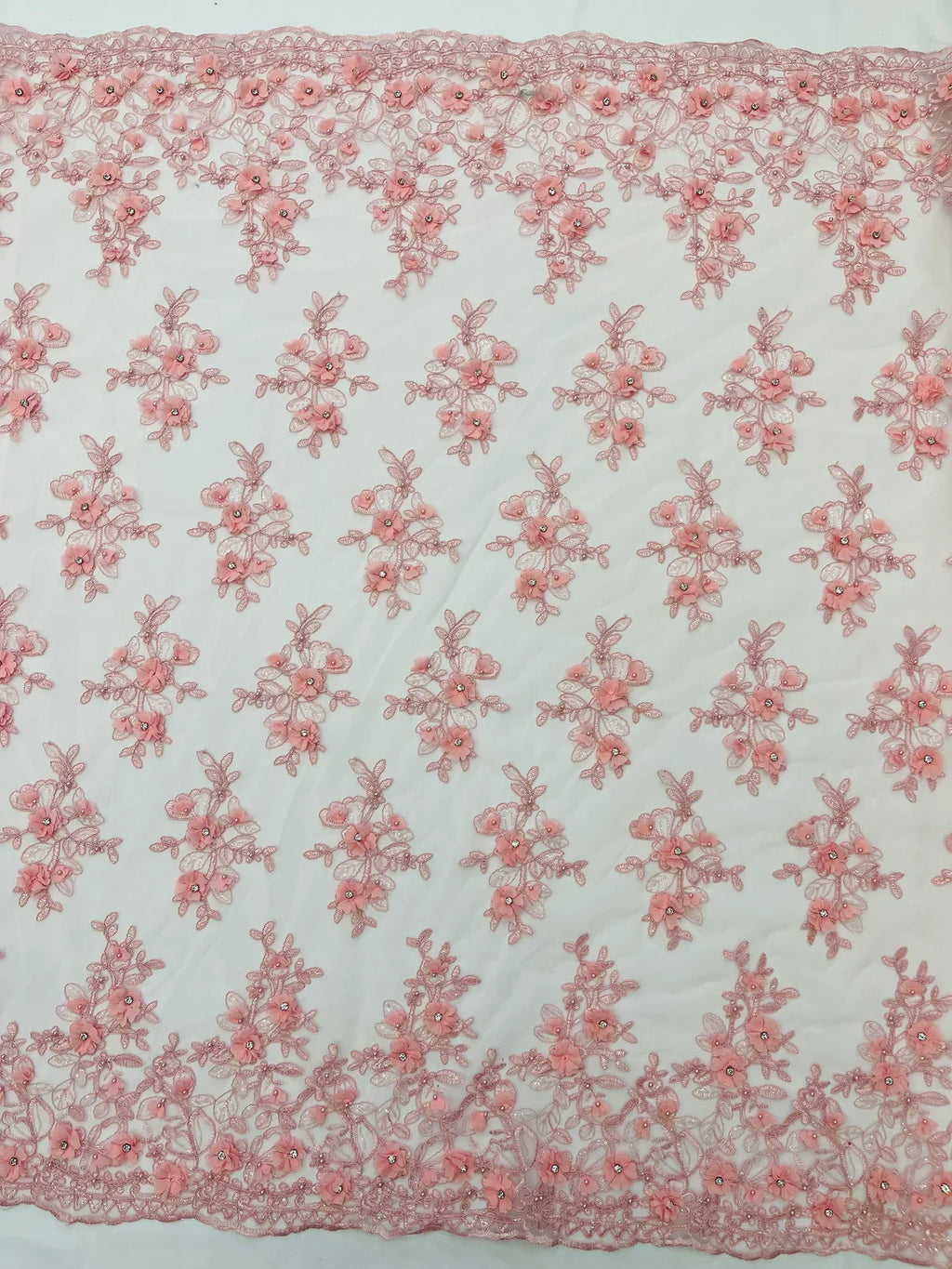 3D Embroidered Floral Fabric - Pink - 3D Rhinestone and Sequins Floral Fabric Sold By Yard