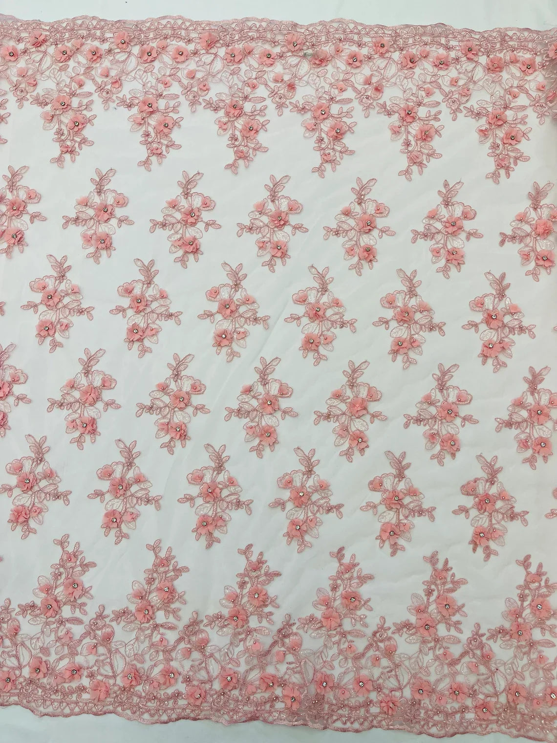 3D Embroidered Floral Fabric - Pink - 3D Rhinestone and Sequins Floral Fabric Sold By Yard