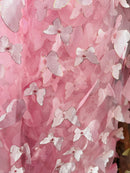 3D Butterfly Design Lace - Pink  - Embroidered Lace with 3D Butterfly Design By Yard