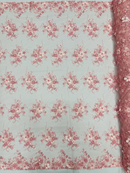 3D Flower Sequins Design - Pink - Embroidered Pearl Sequins Floral Clusters Lace Fabric By Yard