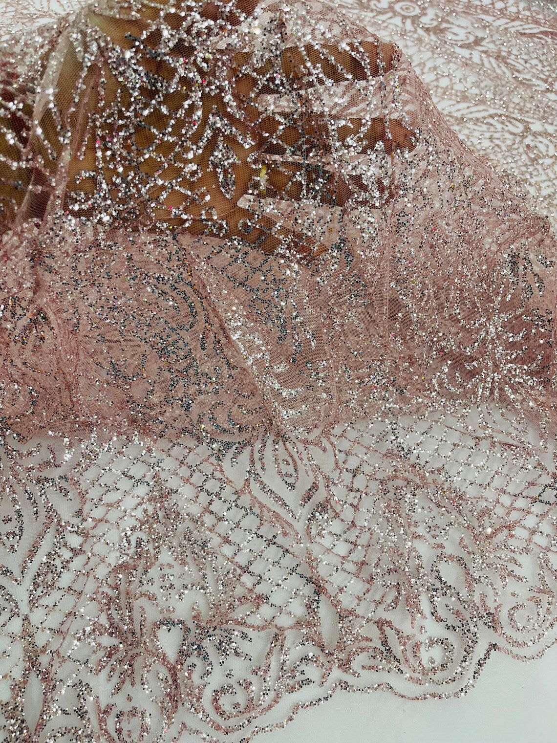 Mermaid Glitter Design - Pink - Tulle Mesh with Mermaid Tail Glitter Design Sold By Yard