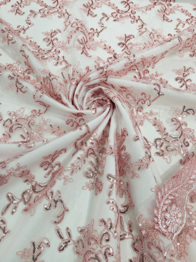 Floral Sequins Lace Fabric - Pink - Embroidery Flower Clusters Design with Shiny Sequins  Fabric Sold By Yard