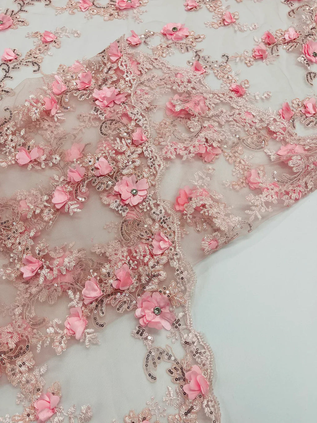 3D Lace Flower Fabric - Pink - Embroidered Sequins and 3D Floral Patterns on Lace By Yard