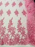 Beaded Rose Flower Fabric - Pink - Embroidered Beaded Long Border Floral Fabric By Yard