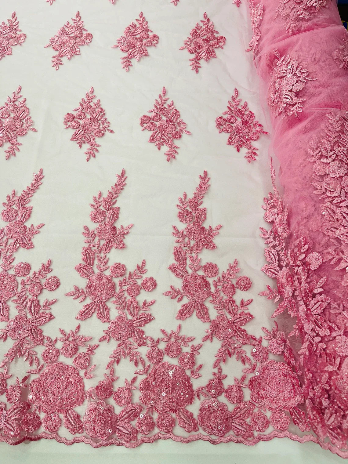 Beaded Rose Flower Fabric - Pink - Embroidered Beaded Long Border Floral Fabric By Yard