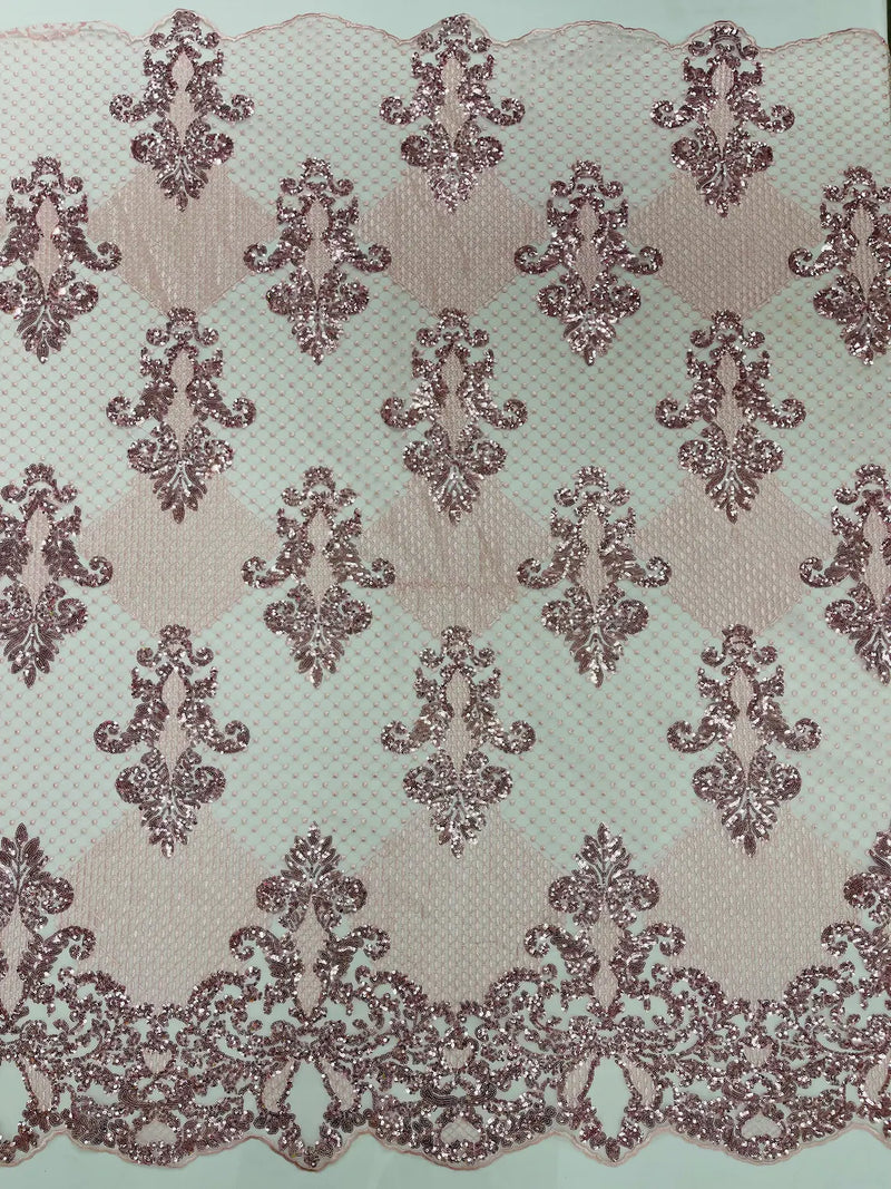 King Damask Design Fabric - Pink - Embroidered Corded Mesh Lace Fabric with Sequins By Yard