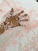 Embroidered Corded Lace Fabric - Pink - Cluster Fancy Flower Embroidered Lace Fabric By Yard