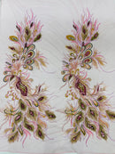 Peacock Feathers Lace Fabric - Pink - Peacock Feather Design on Lace Mesh Fabric Sold by Panel