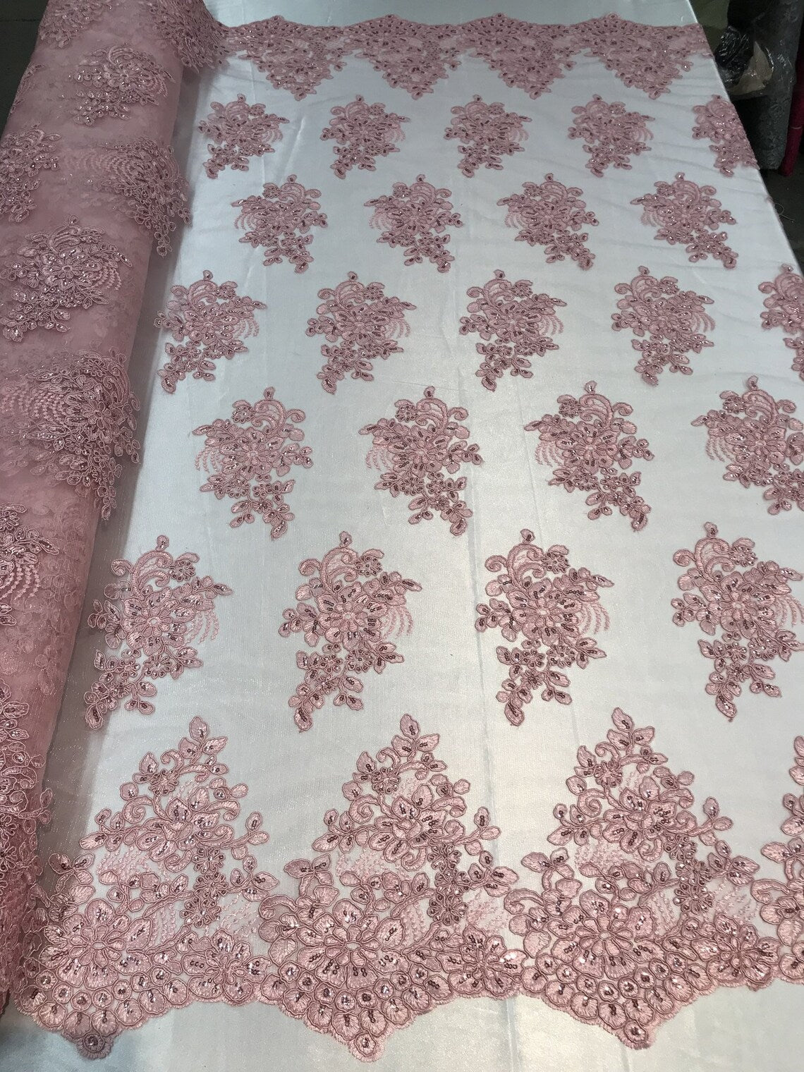 Flower Lace Fabric - Floral Clusters Embroidered Lace Mesh Fabric - 25 Yard Roll