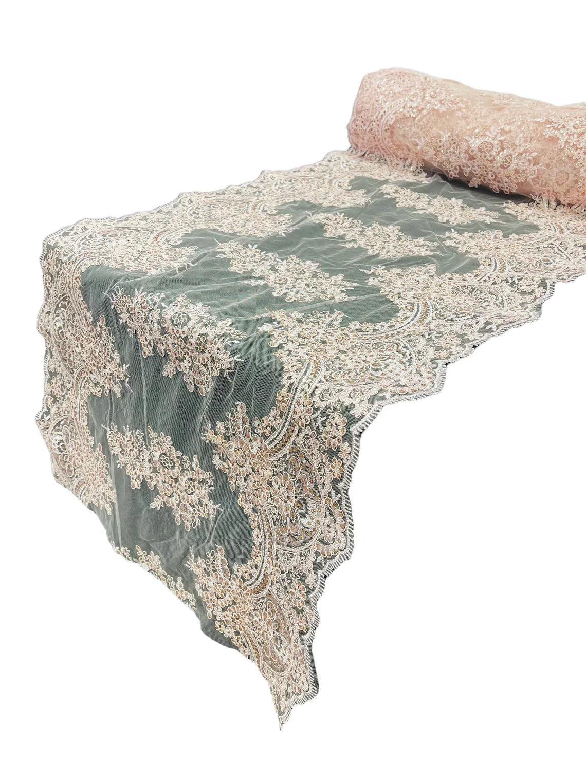 21" Floral Lace Metallic Design Table Runner - Pink - Floral Runner for Event Decor Sold By The Yard