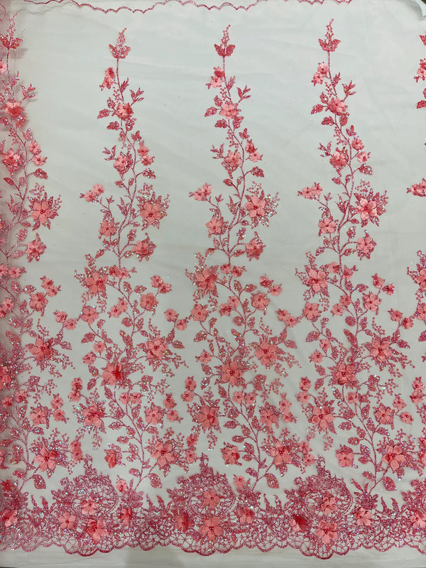 3D Flower Glitter Fabric - Pink - Floral Glitter Sequin Design on Lace Mesh Fabric by Yard