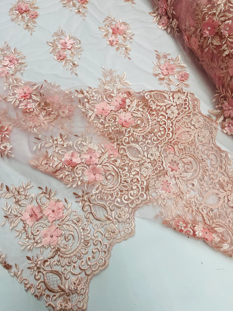 3D Fancy Floral Design Fabric - Pink - 3D Flower Fabric with Small Beads on Lace Sold By Yard