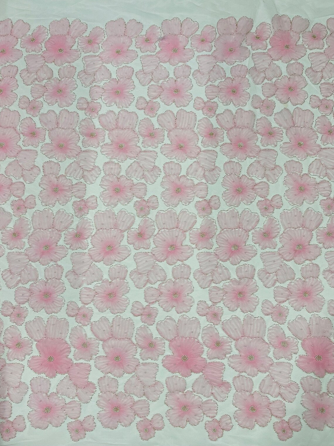 3D Tulle Floral Fabric - Pink - Flowers Made on Mesh with Small Pearls and Beads Sold By Yard