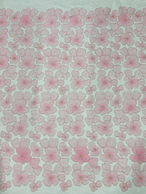 3D Tulle Floral Fabric - Pink - Flowers Made on Mesh with Small Pearls and Beads Sold By Yard