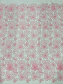 3D Tulle Floral Fabric - Pink - Flowers Made on Mesh with Small Pearls and Beads Sold By Yard