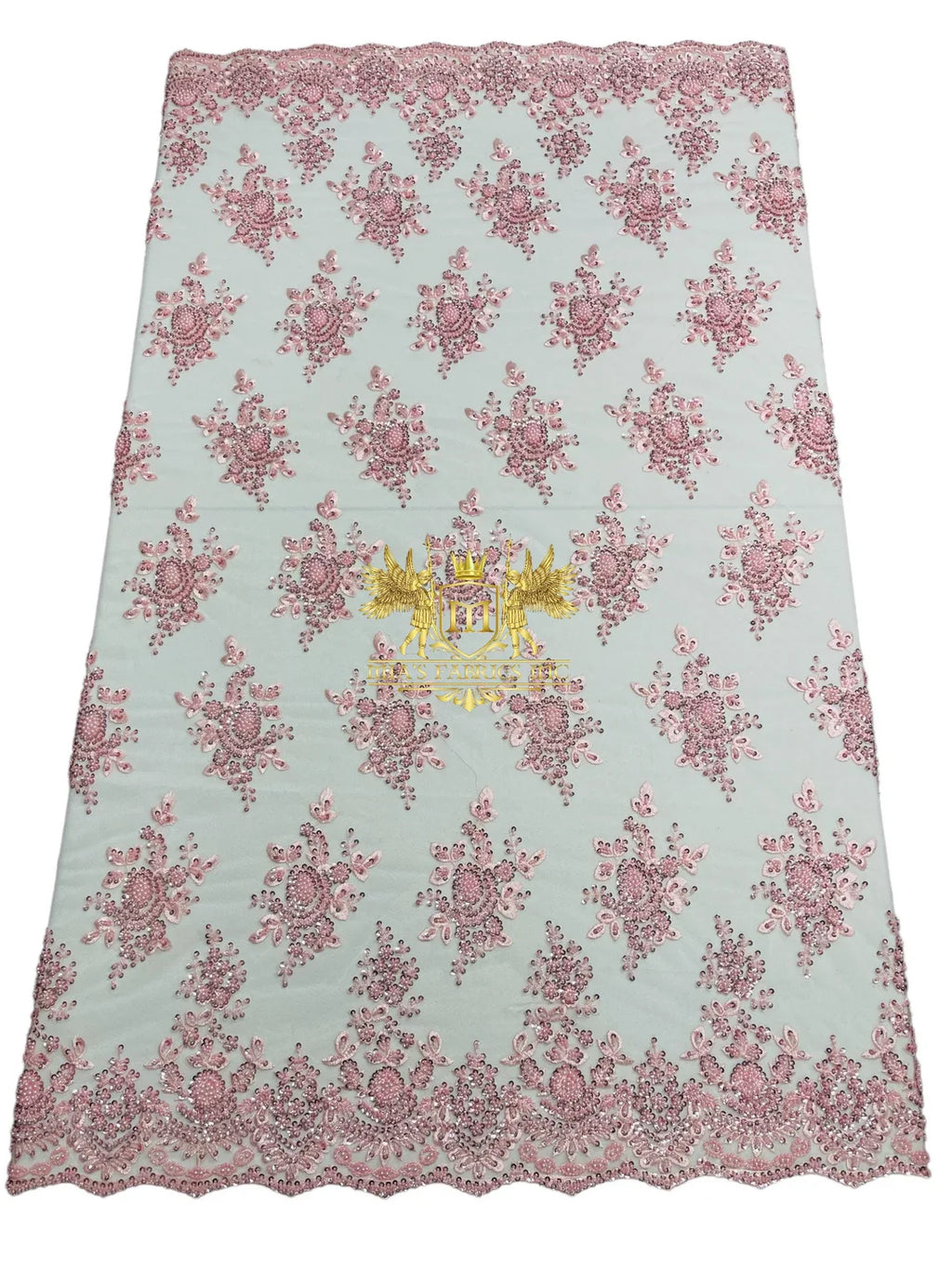 Floral Beaded Fabric - Pink - Embroidered Beaded Flowers Cluster Design on a Mesh Sold By Yard