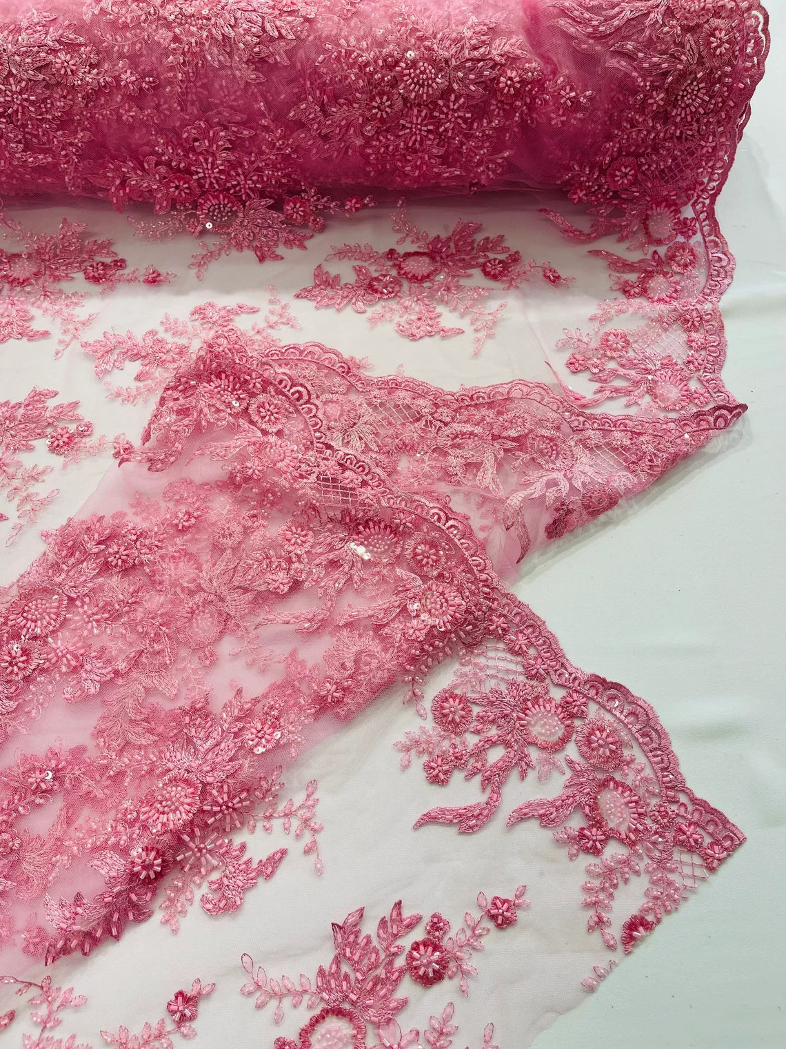 Beaded Flower Sequins Fabric - Pink - Embroidered Beaded Floral Clusters Sequins Fabric By Yard