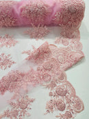 Floral Lace Flower Fabric - Pink - Floral Embroidered Fabric with Sequins on Lace By Yard