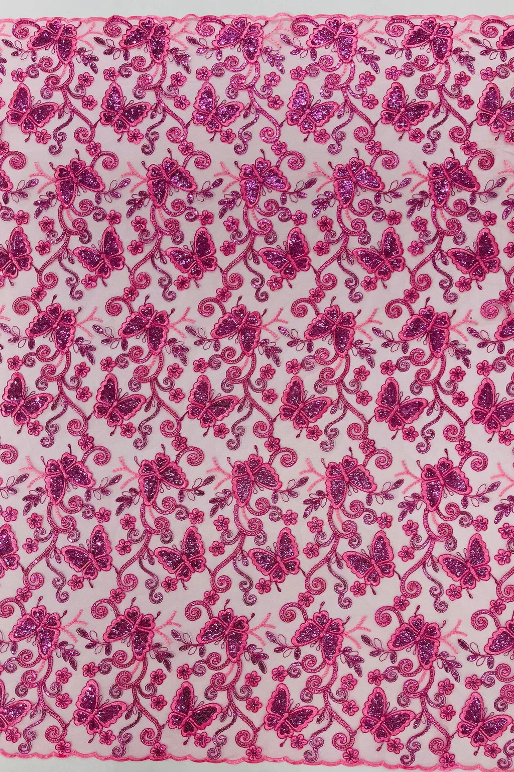 Butterfly Swirl Lace Fabric - Pink - Metallic Sequins Design on Lace Fabric By Yard