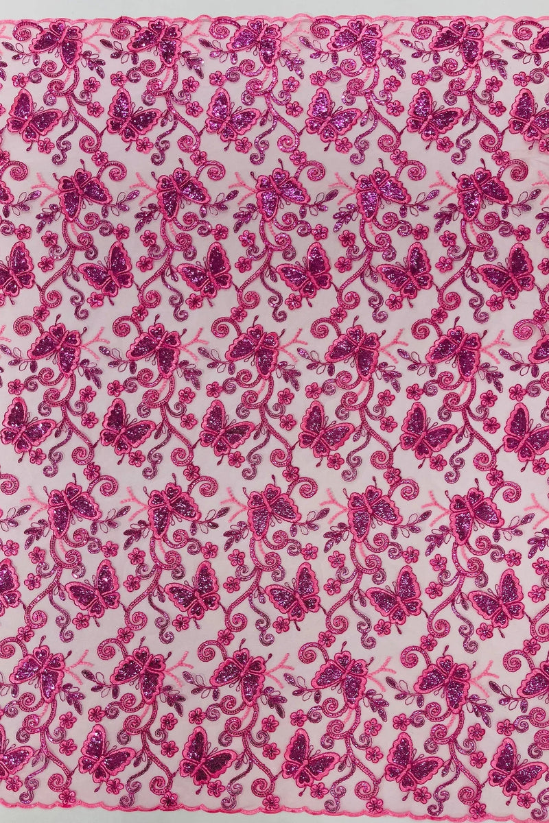 Butterfly Swirl Lace Fabric - Pink - Metallic Sequins Design on Lace Fabric By Yard