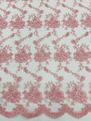 Embroidered Flower Fabric - Pink - Floral Design Scalloped Border Fabric By Yard