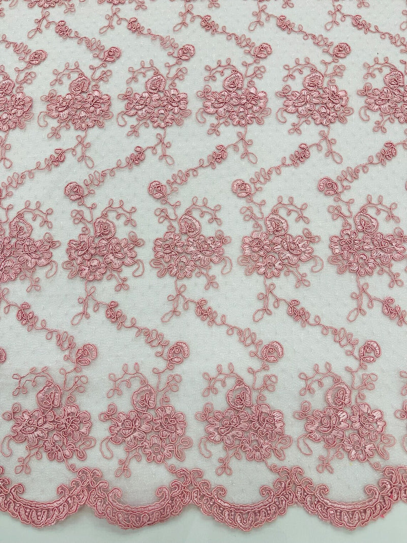 Embroidered Flower Fabric - Pink - Floral Design Scalloped Border Fabric By Yard